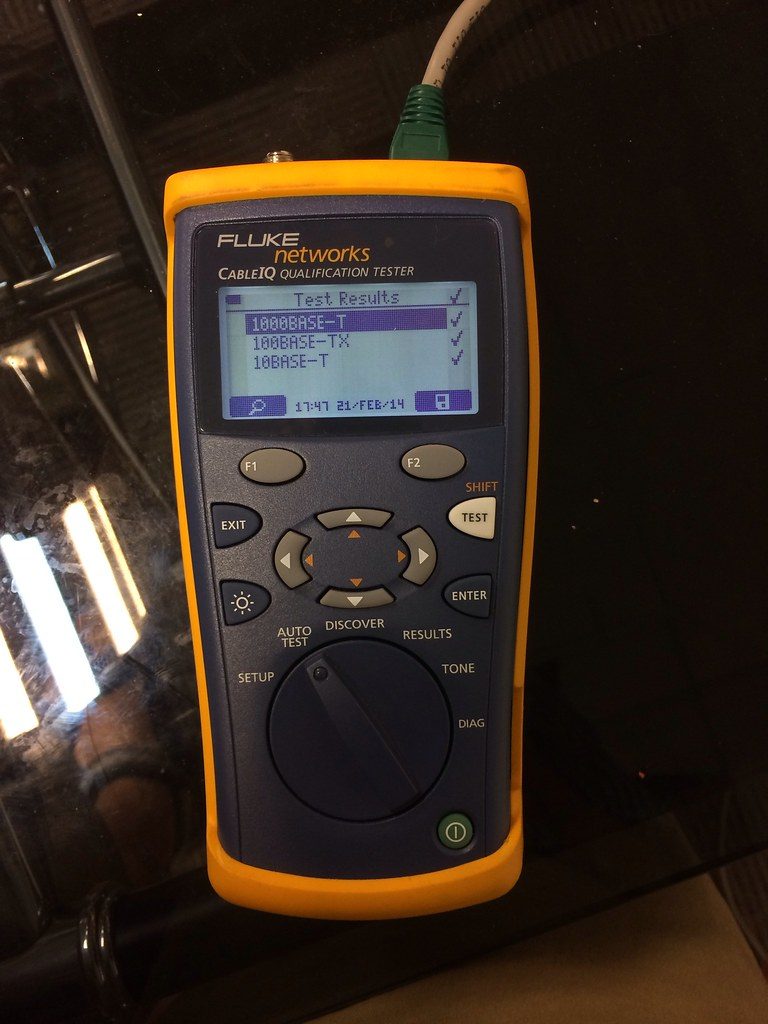 Fluke Networks CableIQ CIQ-100 cable qualification tester showing test results on its screen